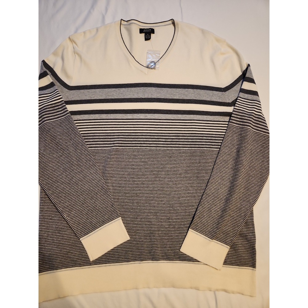 Alfani Mens Regular Fit V-Neck‎ Striped Sweater Cream Grey XL HOL15 32441